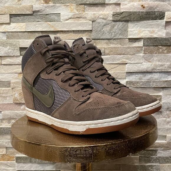 Nike Dunk Sky Hi Wedge 10 | Olive Brown Suede Mesh Sneaker 579763-300 - Picture 7 of 9